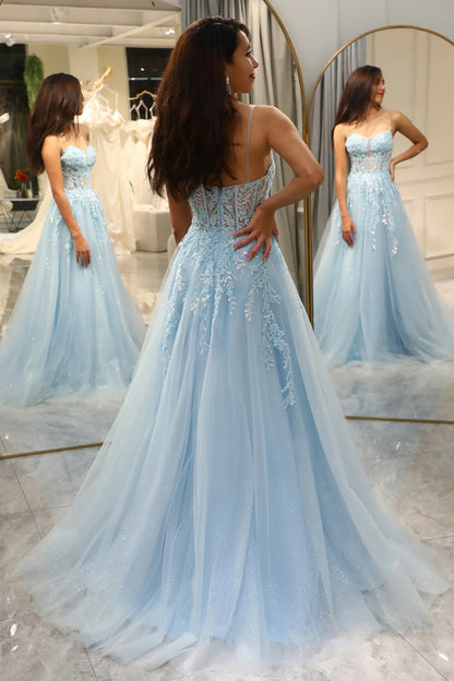 Amzcw Light Blue A Line Tulle Long Prom Dress With Appliques prom dresses with long sleeves