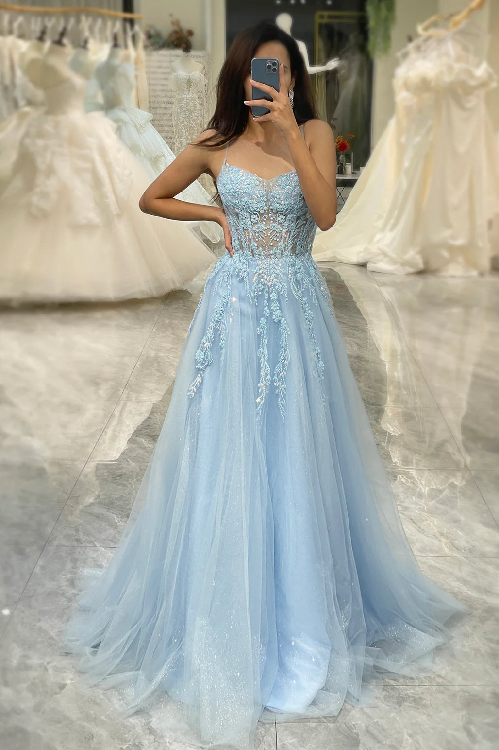 Amzcw A Line Light Blue Spaghetti Straps Tulle Long Prom Dress With Appliques prom dresses with long sleeves