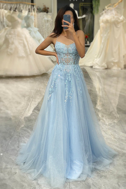 Amzcw A Line Light Blue Spaghetti Straps Tulle Long Prom Dress With Appliques prom dresses with long sleeves