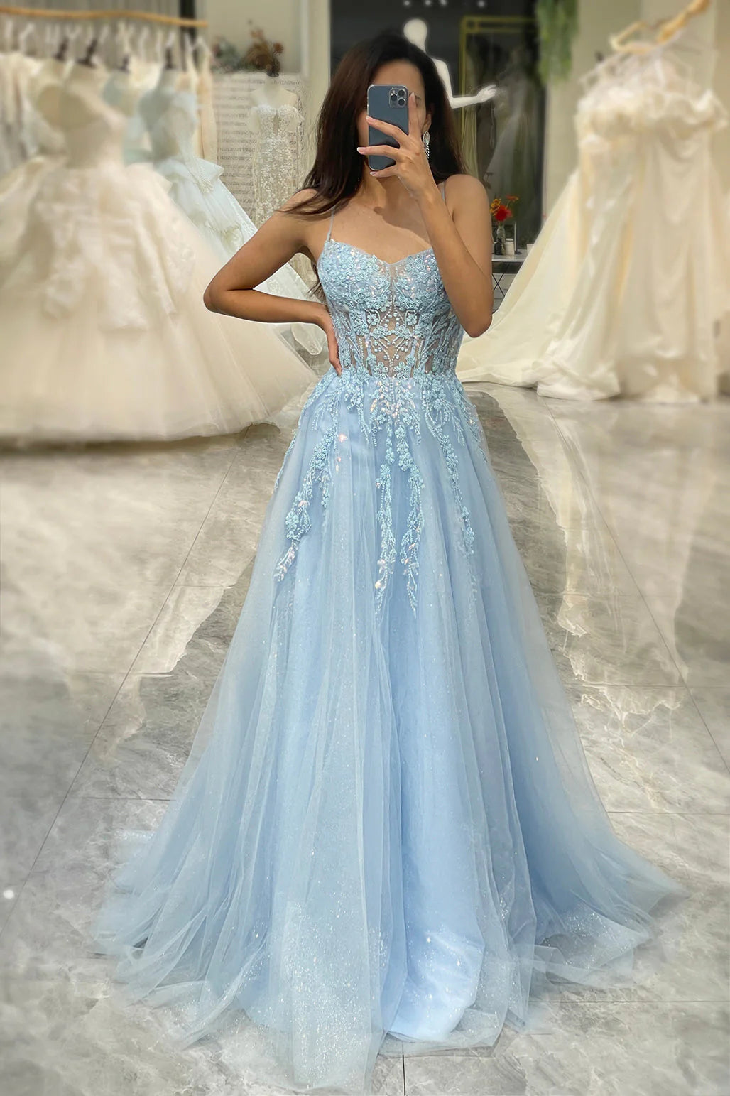 Amzcw Light Blue A Line Tulle Long Prom Dress With Appliques prom dresses with long sleeves