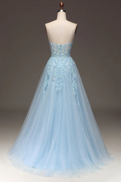 Amzcw Light Blue A Line Spaghetti Straps Sequin Prom Dress With Appliques