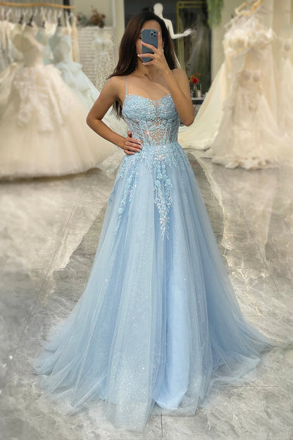Amzcw Light Blue A Line Tulle Long Prom Dress With Appliques prom dresses with long sleeves