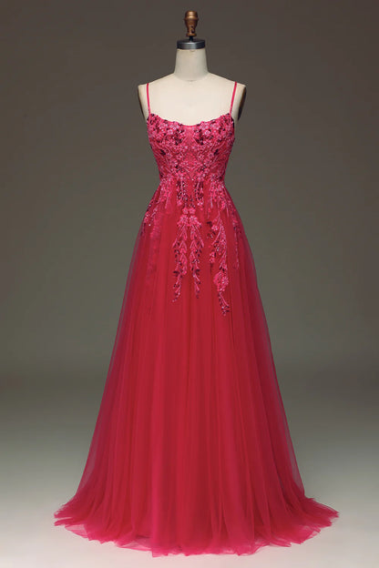 Amzcw Spaghetti Straps A Line Red Prom Dress with Appliques