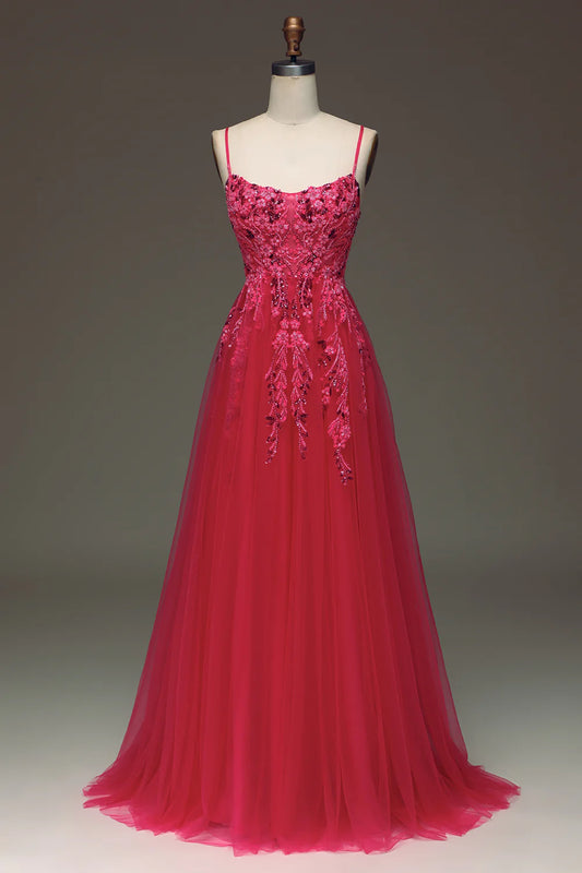 Amzcw Spaghetti Straps A Line Red Prom Dress with Appliques