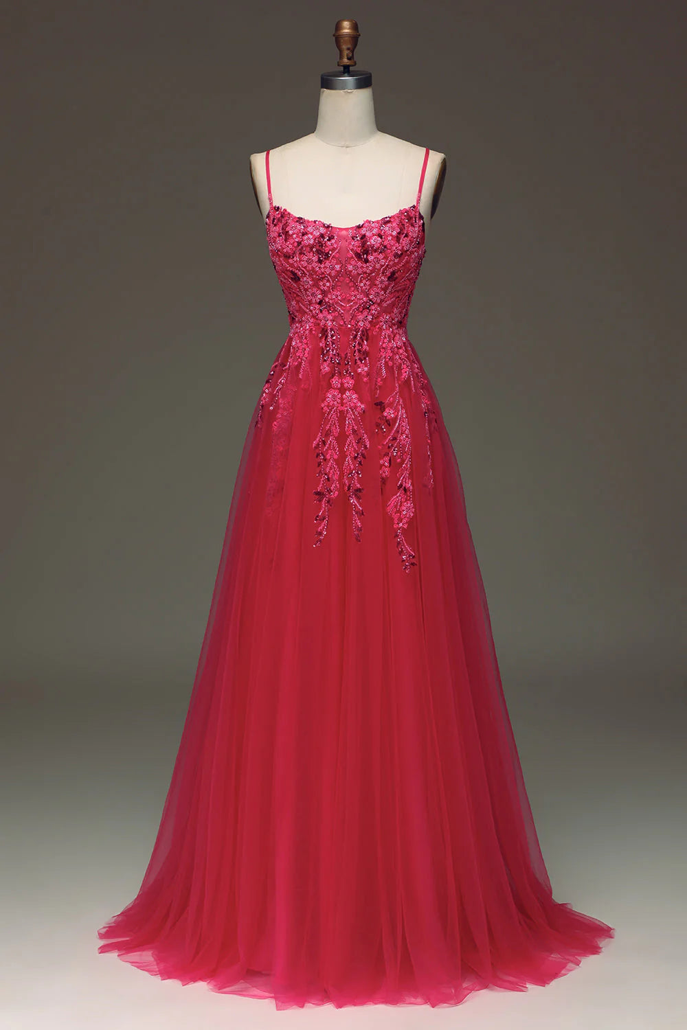 Amzcw Fuchsia A Line Spaghetti Straps Long Prom Dress with Appliques