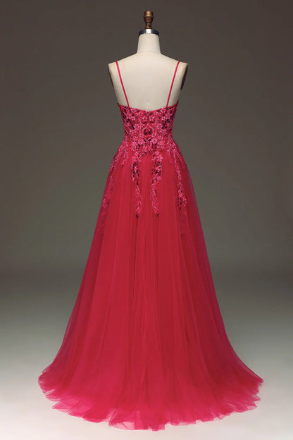 Amzcw Fuchsia A Line Spaghetti Straps Long Prom Dress with Appliques