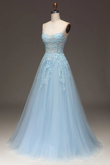 Amzcw Light Blue A Line Spaghetti Straps Sequin Prom Dress With Appliques