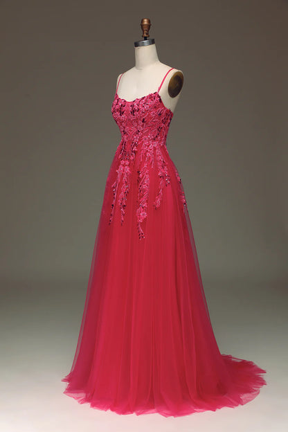 Amzcw Spaghetti Straps A Line Red Prom Dress with Appliques