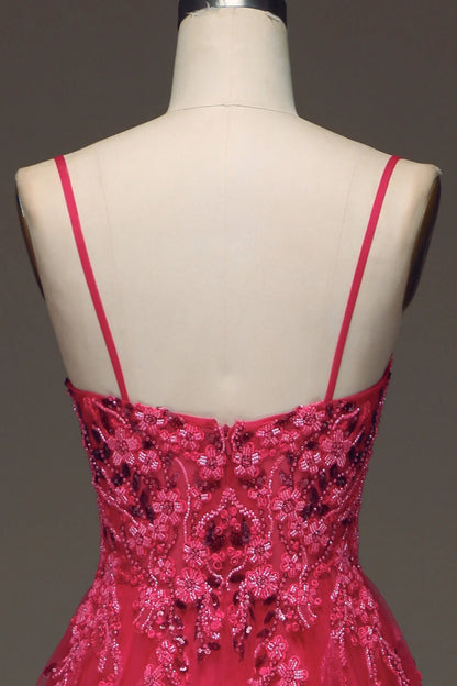 Amzcw Fuchsia A Line Spaghetti Straps Long Prom Dress with Appliques