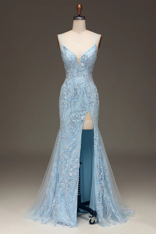 Amzcw Blue Tulle Mermaid Prom Dress with Beaded