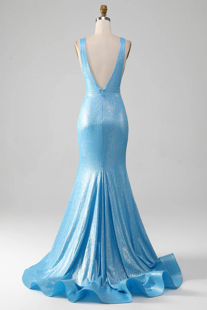 Amzcw Glitter Blue Mermaid V-Neck Backless Long Prom Dress prom clothing