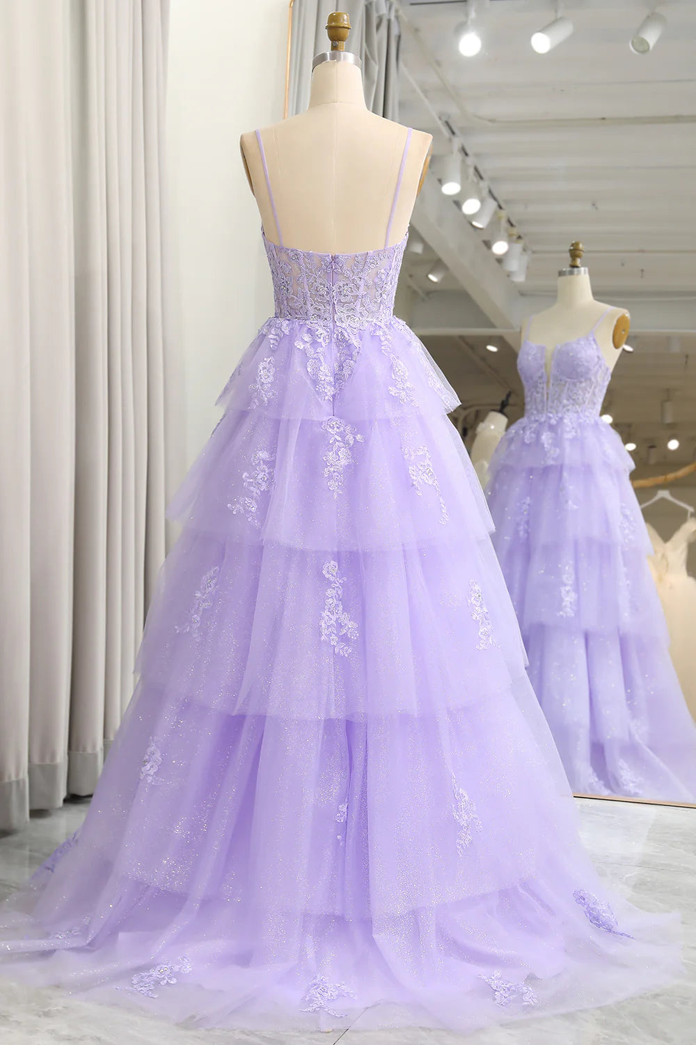 Amzcw Sparkly A Line Appliqued Tiered Long Corset Lilac Prom Dress With Slit prom dresses shops