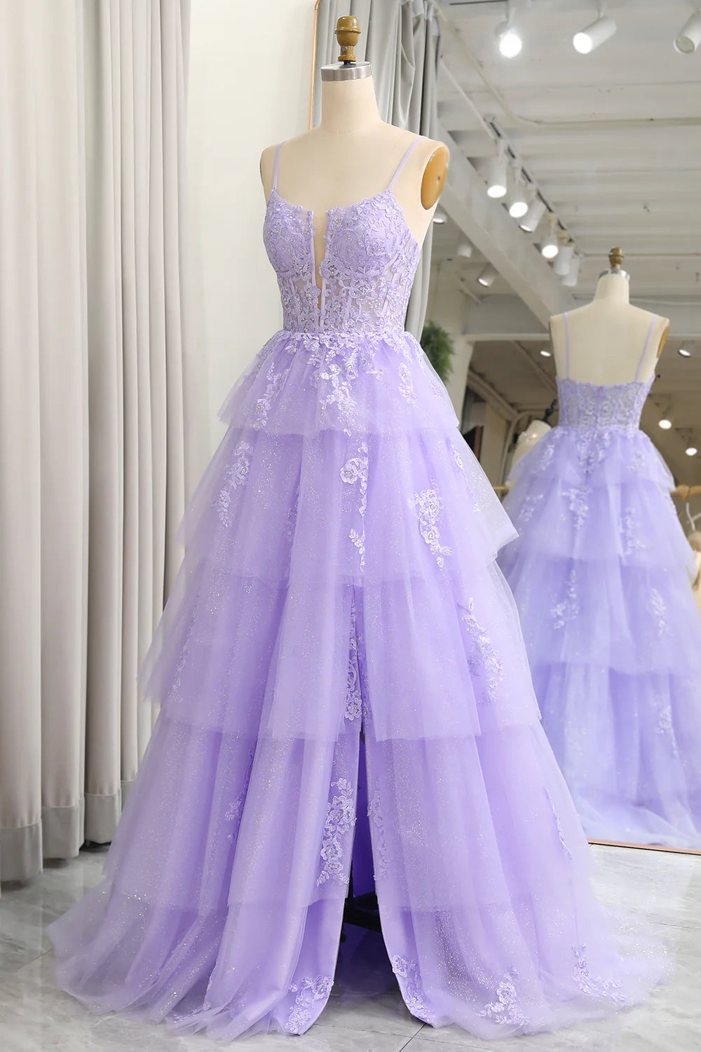 Amzcw Sparkly A Line Appliqued Tiered Long Corset Lilac Prom Dress With Slit prom dresses shops