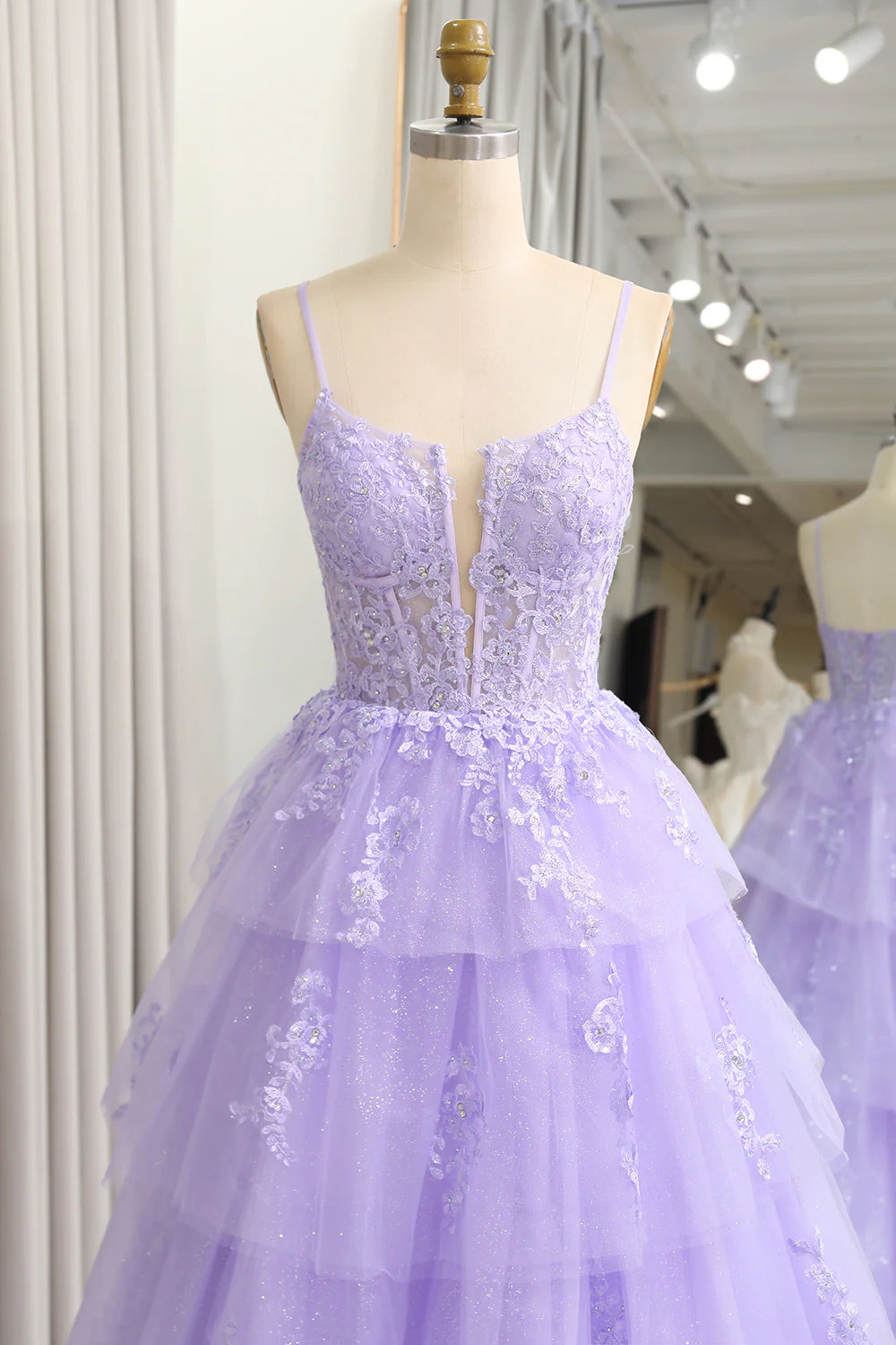 Amzcw Sparkly A Line Appliqued Tiered Long Corset Lilac Prom Dress With Slit prom dresses shops