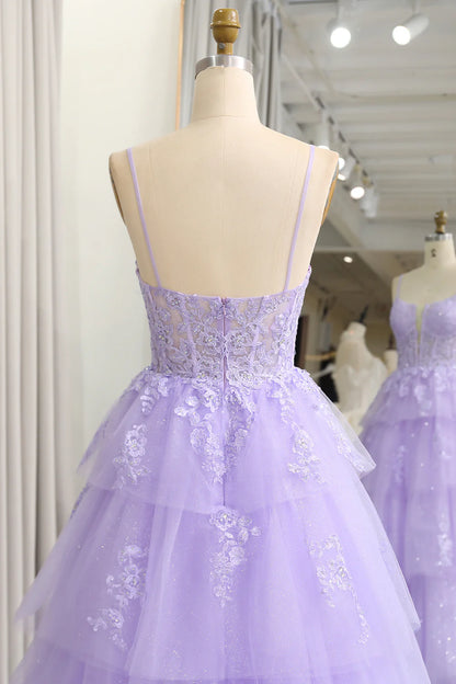 Amzcw Sparkly A Line Appliqued Tiered Long Corset Lilac Prom Dress With Slit prom dresses shops