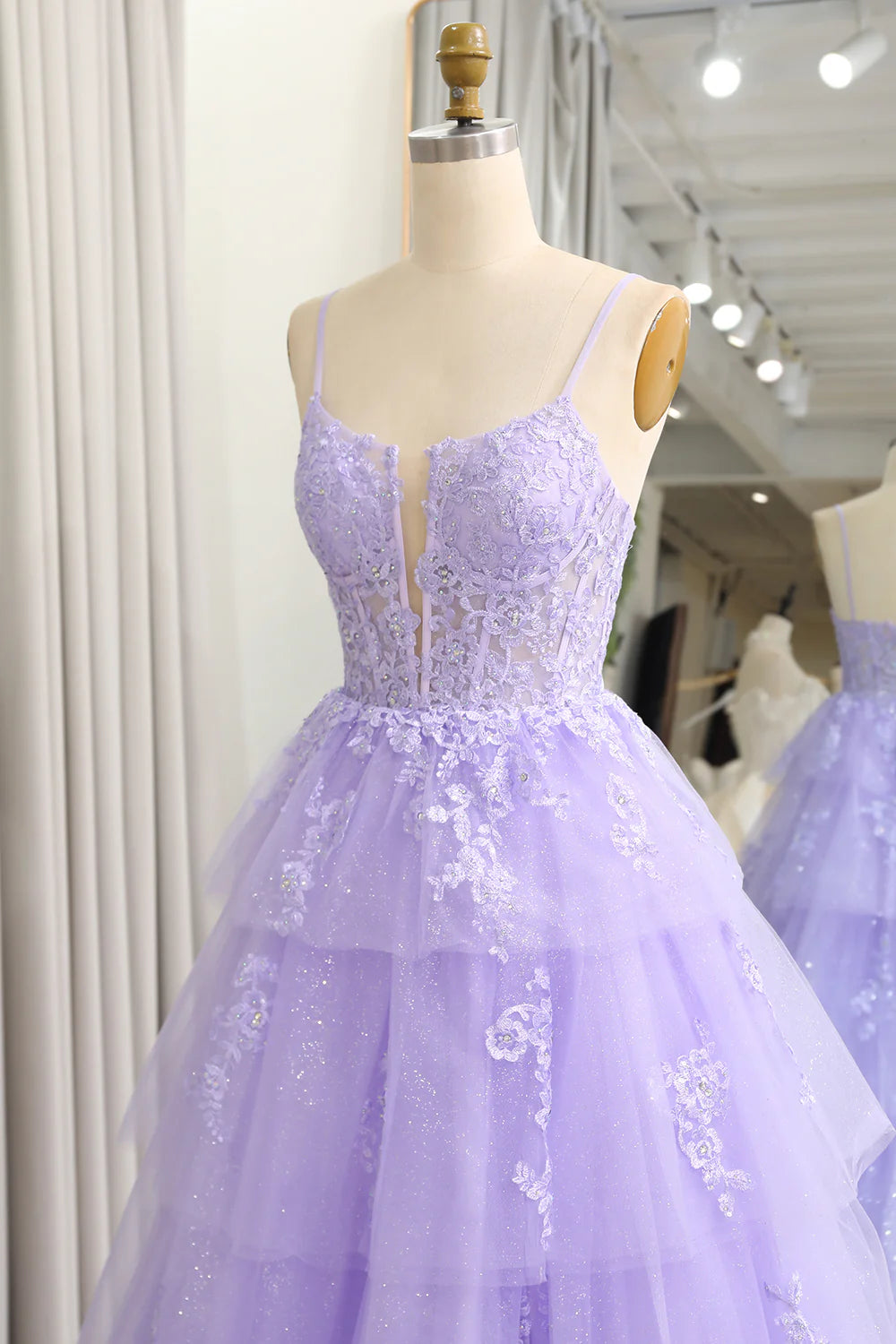 Amzcw Sparkly A Line Appliqued Tiered Long Corset Lilac Prom Dress With Slit prom dresses shops