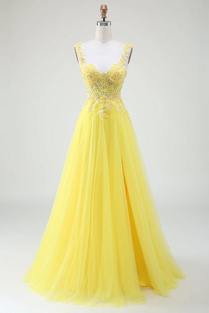 Vestido de fiesta Amzcw amarillo de corte A con tul brillante, cuentas y corsé con abertura 