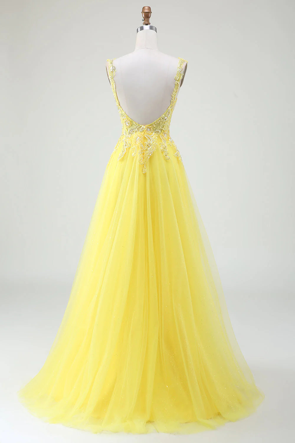 Vestido de fiesta Amzcw amarillo de corte A con tul brillante, cuentas y corsé con abertura 