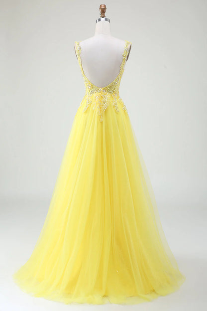 Vestido de fiesta Amzcw amarillo de corte A con tul brillante, cuentas y corsé con abertura 