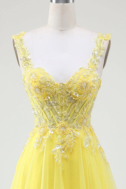 Vestido de fiesta Amzcw amarillo de corte A con tul brillante, cuentas y corsé con abertura 
