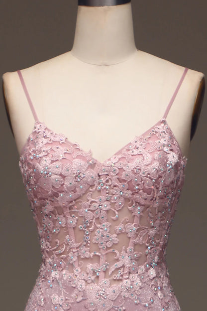 Amzcw Glitter Blush Mermaid Spaghetti Straps Long Prom Dress with Beading