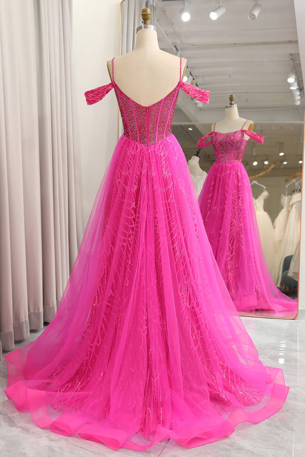 Amzcw Sparkly Fuchsia A-Line Cold Shoudler Corset Long Prom Dress with Beading prom dresses with long sleeves