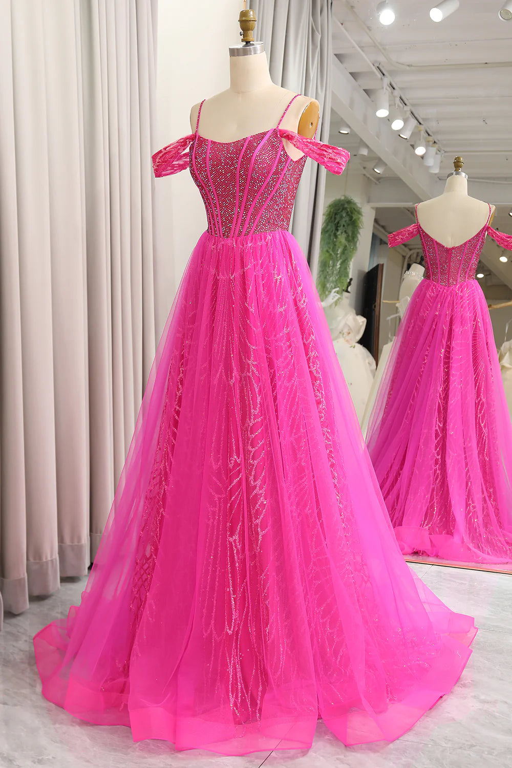 Amzcw Sparkly Fuchsia A-Line Cold Shoudler Corset Long Prom Dress with Beading prom dresses with long sleeves