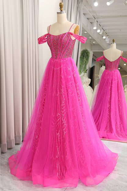 Amzcw Sparkly Fuchsia A-Line Cold Shoudler Corset Long Prom Dress with Beading prom dresses with long sleeves