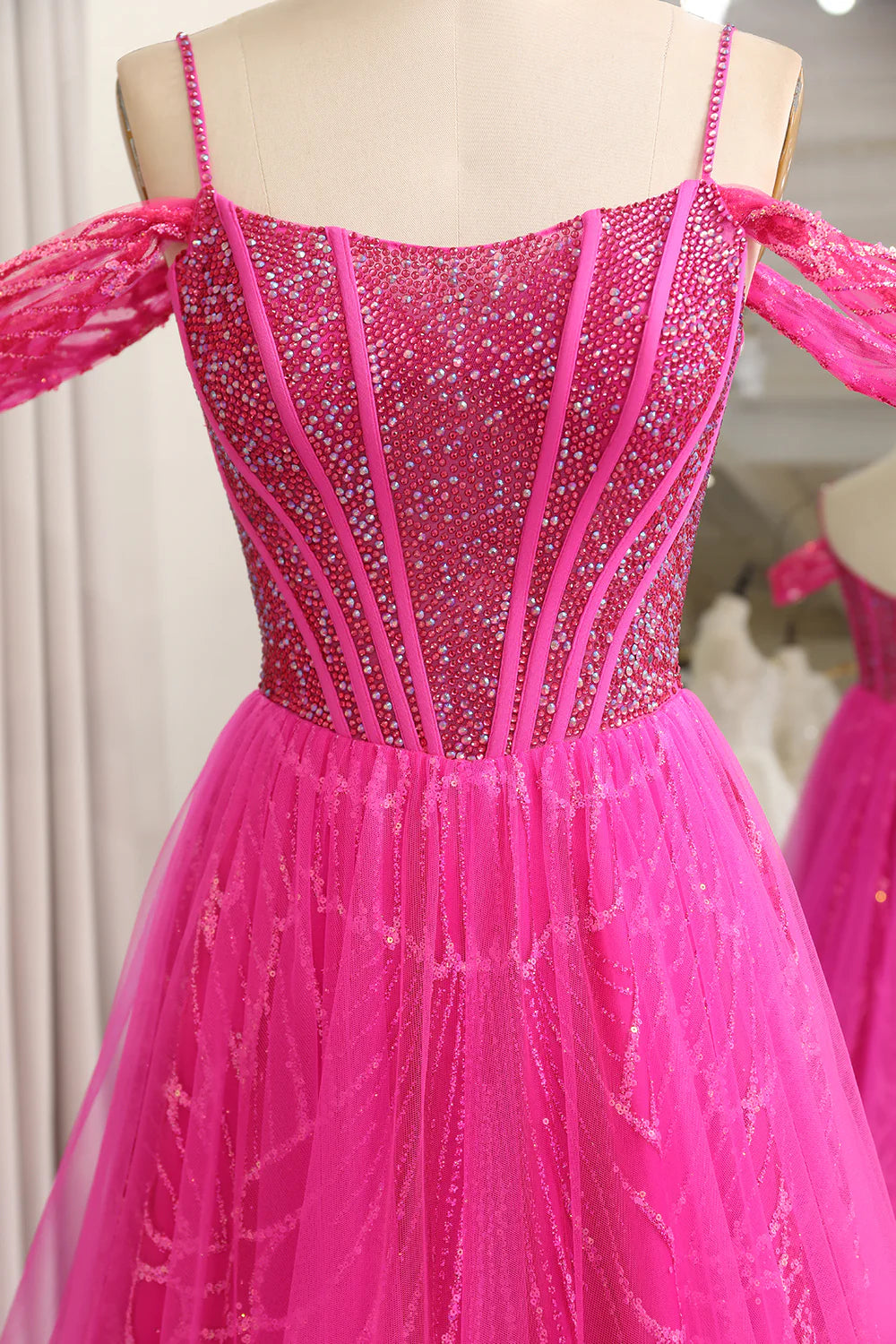 Amzcw Sparkly Fuchsia A-Line Cold Shoudler Corset Long Prom Dress with Beading prom dresses with long sleeves