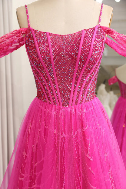 Amzcw Sparkly Fuchsia A-Line Cold Shoudler Corset Long Prom Dress with Beading prom dresses with long sleeves