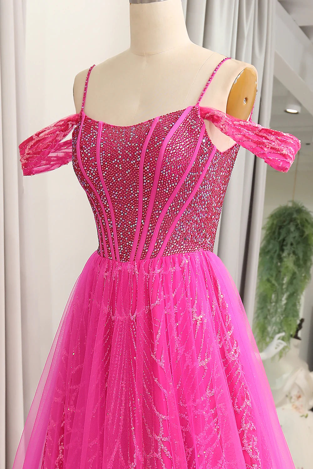 Amzcw Sparkly Fuchsia A-Line Cold Shoudler Corset Long Prom Dress with Beading prom dresses with long sleeves