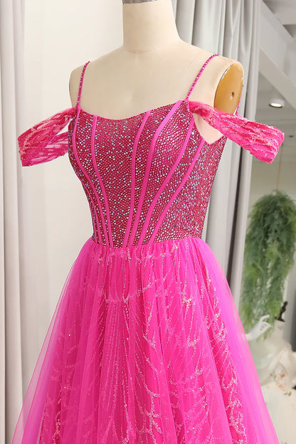 Amzcw Sparkly Fuchsia A-Line Cold Shoudler Corset Long Prom Dress with Beading prom dresses with long sleeves