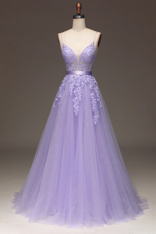 Amzcw Purple A-Line Spaghetti Straps Long Beaded and Tulle Prom Dress with Appliques