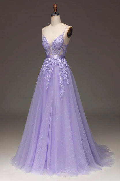 Amzcw Purple A-Line Spaghetti Straps Long Beaded and Tulle Prom Dress with Appliques