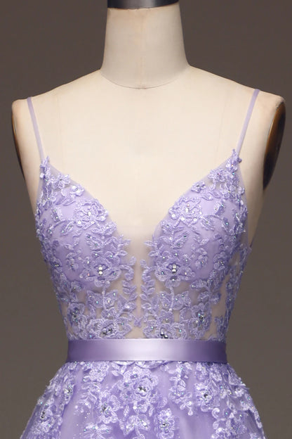 Amzcw Purple A-Line Spaghetti Straps Long Beaded and Tulle Prom Dress with Appliques