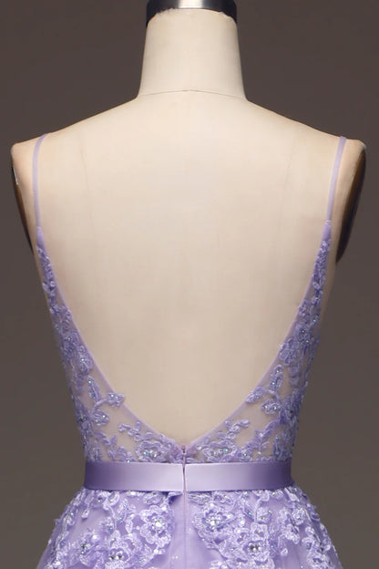 Amzcw Purple A-Line Spaghetti Straps Long Beaded and Tulle Prom Dress with Appliques