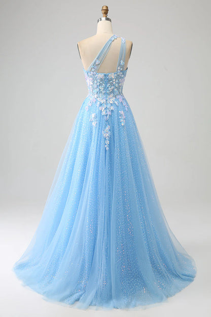 Amzcw Stunning Light Blue A Line One Shoulder Long Tulle Prom Dress with Appliques prom dresses shops