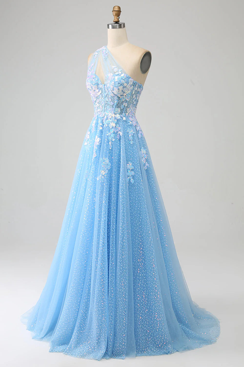 Amzcw Stunning Light Blue A Line One Shoulder Long Tulle Prom Dress with Appliques prom dresses shops