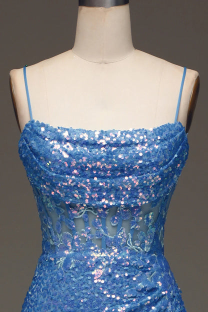 Amzcw Sparkly Blue Spaghetti Straps Corset Prom Dress with Slit