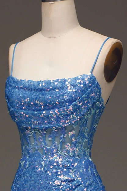 Amzcw Sparkly Blue Spaghetti Straps Corset Prom Dress with Slit