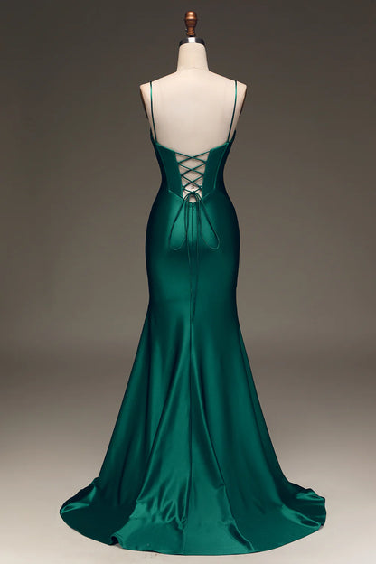 Amzcw Dark Green Mermaid Spaghetti Straps Long Prom Dress With Sleeveless prom dresses with long sleeves