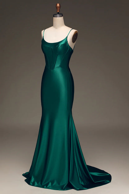 Amzcw Dark Green Mermaid Spaghetti Straps Long Prom Dress With Sleeveless prom dresses with long sleeves