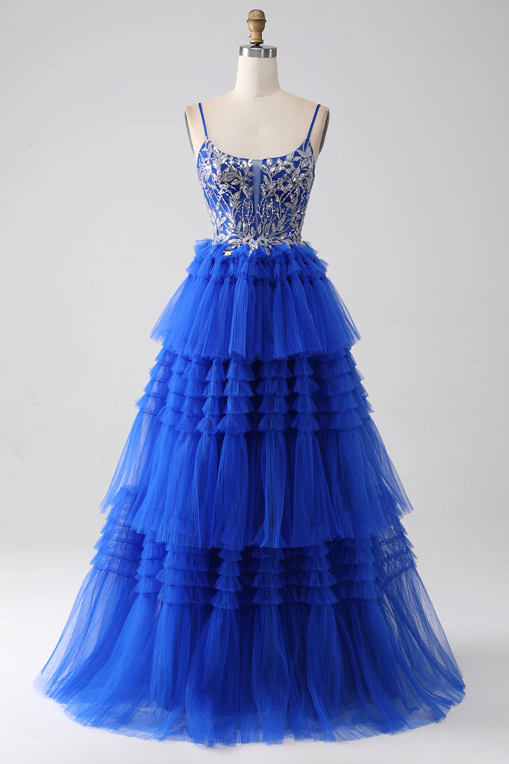 Amzcw Royal Blue Spaghetti Straps Tiered Prom Dress with Sequins prom dresses shops