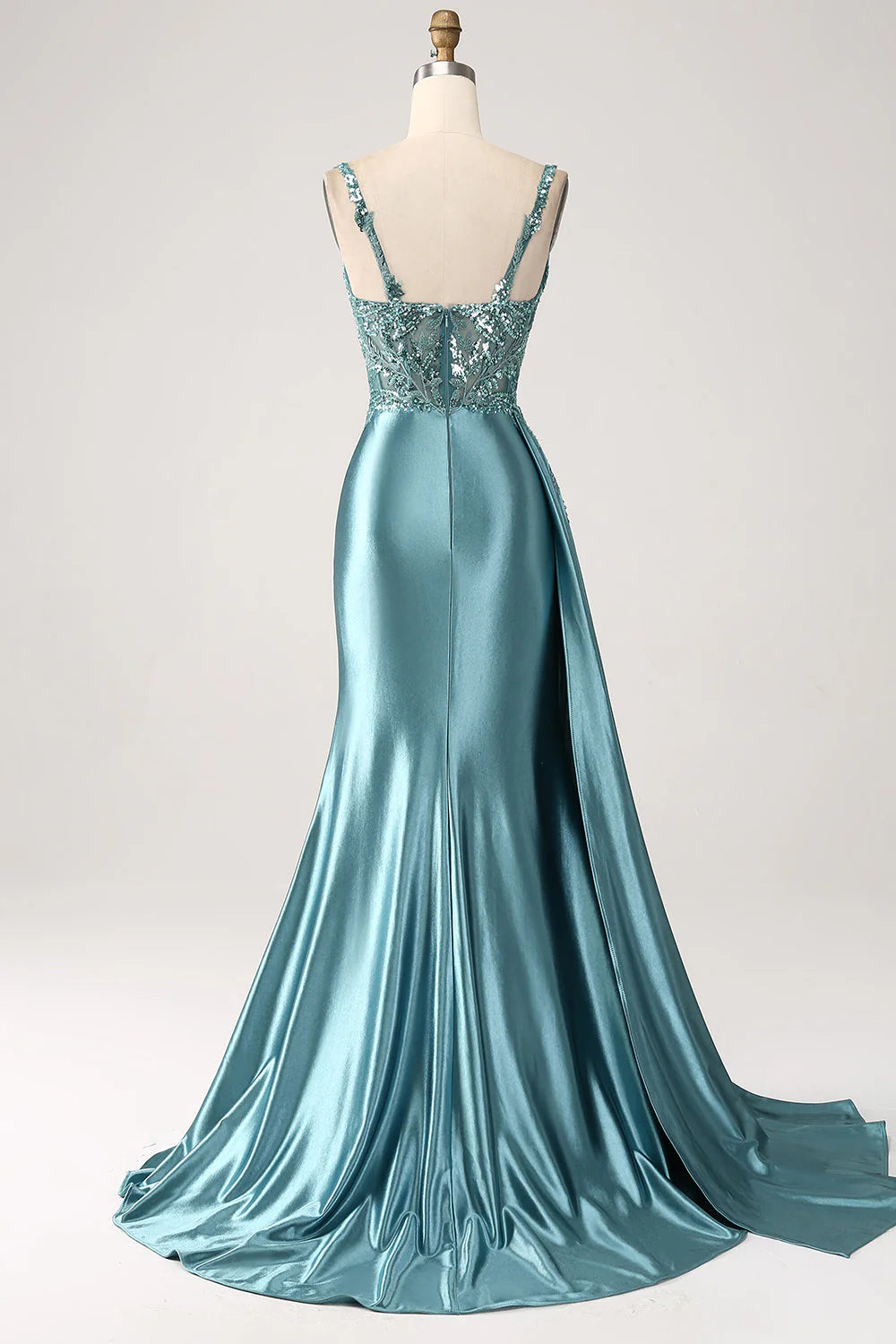 Amzcw Blue Mermaid V-Neck Satin Long Appliques Sequin Prom Dress With Slit prom dresses stores