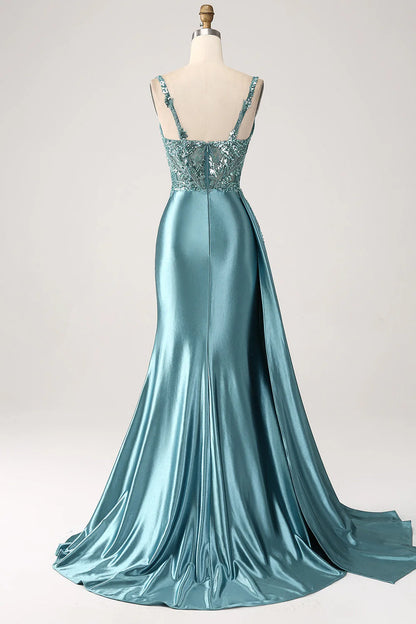 Amzcw Blue Mermaid V-Neck Satin Long Appliques Sequin Prom Dress With Slit prom dresses stores