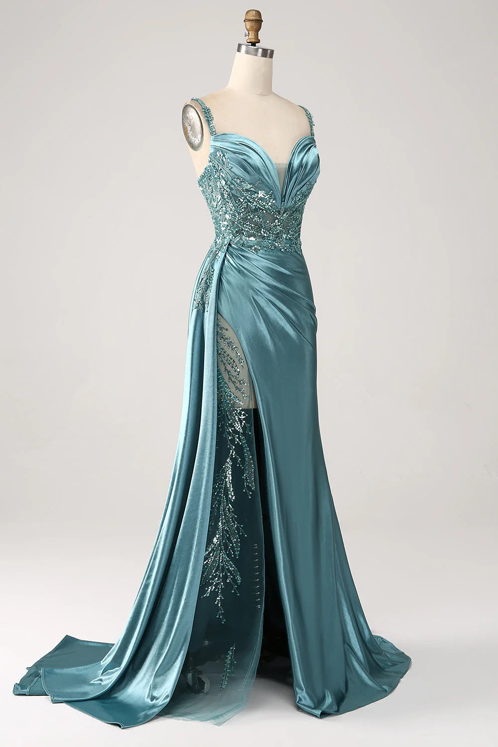 Amzcw Blue Mermaid V-Neck Satin Long Appliques Sequin Prom Dress With Slit prom dresses stores
