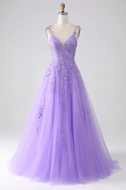 Amzcw A-Line Spaghetti Straps Long Lilac Prom Dress with Appliques prom dresses with long sleeves