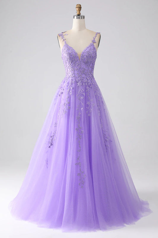 Amzcw A-Line Spaghetti Straps Long Lilac Prom Dress with Appliques prom dresses with long sleeves