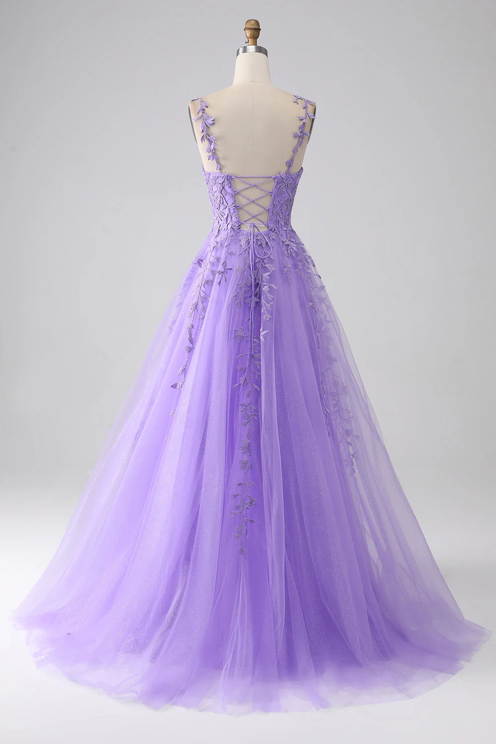 Amzcw A-Line Spaghetti Straps Long Lilac Prom Dress with Appliques prom dresses with long sleeves