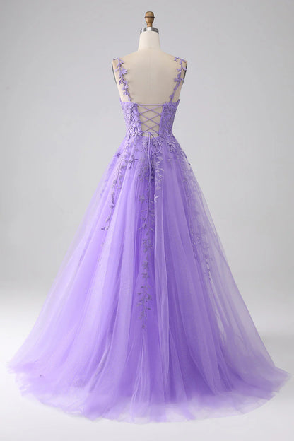 Amzcw A-Line Spaghetti Straps Long Lilac Prom Dress with Appliques prom dresses with long sleeves